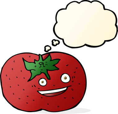 Bir insan tarafından çizilmiş düşünce baloncuklu domates.