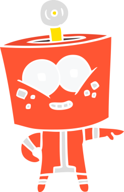 Mutlu düz renkli çizgi film robotu bir insan tarafından çizilmiş.