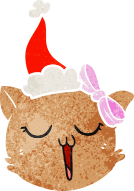 Bir insan tarafından çizilmiş Noel Baba şapkası takan kedi suratlı eski bir çizgi film.