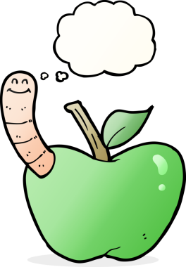 Bir insan tarafından çizilmiş düşünce baloncuğu solucanlı çizgi film elması