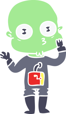 Düz renkli çizgi film. Bir insan tarafından çizilmiş kel bir uzaylı.