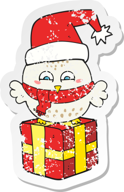 Bir insan tarafından çizilmiş sevimli noel baykuşunun kederli retro yapıştırması.