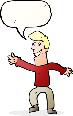 Bir insan tarafından çizilmiş konuşma balonuyla dans eden mutlu adam çizgi filmi.