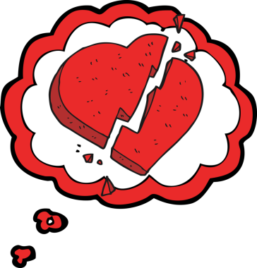 Serbest çizim düşünce balonu karikatürü. Kırık kalp sembolü bir insan tarafından çizilmiş.
