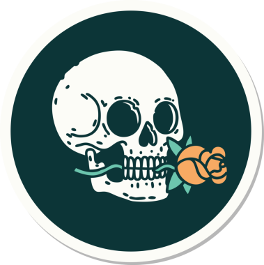 Geleneksel kafatası stili dövme çıkartması ve bir insan tarafından çizilmiş gül.