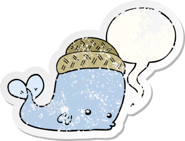 Konuşan balina şapkası takan karikatür balinası, bir insan tarafından çizilmiş sıkıntılı eski bir çıkartma.