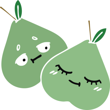 Bir insan tarafından çizilmiş yeşil bir armutun düz renkli retro karikatürü