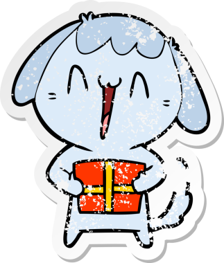 Bir insan tarafından çizilmiş noel hediyeli şirin bir köpeğin sıkıntılı çıkartması.