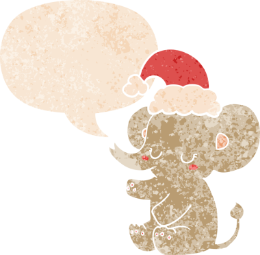 Hoş bir noel fili ve grunge 'da konuşma baloncuğu bir insan tarafından çizilmiş kederli retro tarzı.