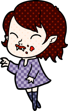 Bir insan tarafından çizilmiş yanağında kan olan vampir kız çizgi filmi.