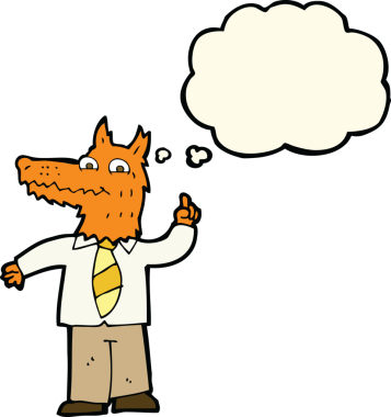 Bir insan tarafından çizilmiş düşünce baloncuğu fikri olan bir çizgi film tilkisi.