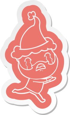 Bir insan tarafından çizilmiş Noel Baba şapkasıyla ağlayan sakallı bir adamın garip çizgi film çıkartması.