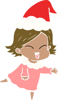 Mutlu el çizimi düz renk çizimi Noel Baba şapkası giyen bir kız bir insan tarafından çizilmiş.