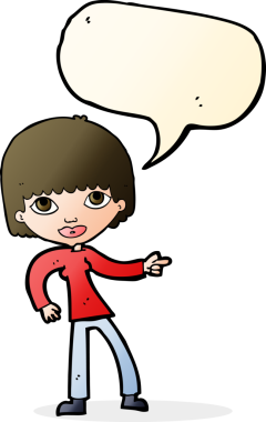 Bir insan tarafından çizilmiş bir konuşma balonuyla işaret eden çizgi film kadını.