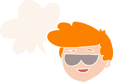 Güneş gözlüğü takan çizgi film çocuğu konuşma baloncuğu ile bir insan tarafından çizilmiş.