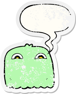 Konuşma baloncuğu olan karikatür hayaleti bir insan tarafından çizilmiş sıkıntılı eski bir çıkartma