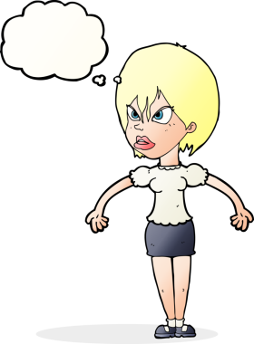 Bir insan tarafından çizilmiş düşünce baloncuğuyla rahatsız bir kadın.