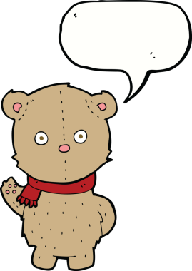 Bir insan tarafından çizilmiş konuşma balonlu eşarp giyen oyuncak ayı.