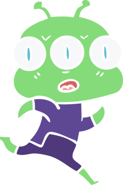 Düz renkli karikatür. Bir insan tarafından çizilmiş üç gözlü uzaylı.