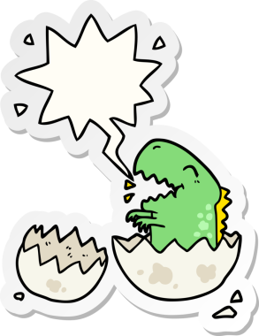 Bir insan tarafından çizilmiş balon etiketli yumurtadan çıkan karikatür dinozoru.