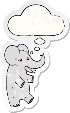 Düşünce baloncuğu olan karikatür fili insan tarafından çizilmiş yıpranmış bir çıkartma gibi.