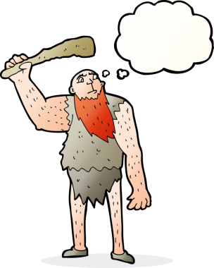 Bir insan tarafından çizilmiş düşünce baloncuğu olan Neandertal çizgi filmi.