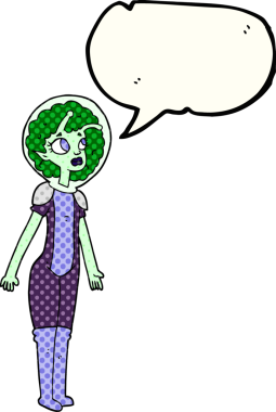 Bir insan tarafından çizilmiş serbest çizilmiş çizgi roman konuşma balonu uzaylı uzay kızı.