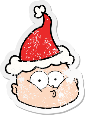 Bir insan tarafından çizilmiş Noel Baba şapkası giymiş meraklı kel bir adamın çizilmiş el yazısı.