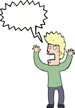 Bir insan tarafından çizilmiş, konuşma balonuyla dehşete düşmüş bir adam.