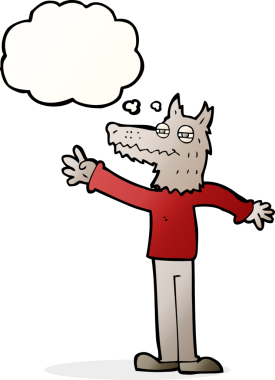 Bir insan tarafından çizilmiş düşünce balonlu bir kurt sallayan çizgi film.