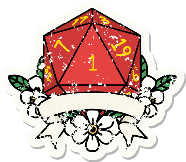 Bir insan tarafından çizilmiş doğal bir d20 zarının grunge çıkartması.