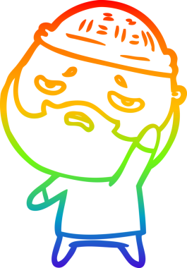 Bir insan tarafından çizilmiş sakallı, endişeli bir çizgi film çizimi.