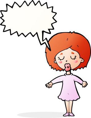 Bir insan tarafından çizilmiş, konuşma balonu olan bir çizgi film kadını.