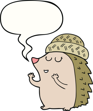 Bir insan tarafından çizilmiş konuşma balonlu şapkalı bir kirpi.