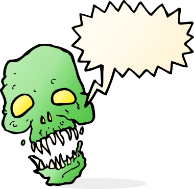 bir insan tarafından çizilmiş konuşma baloncuklu korkunç kafatası.