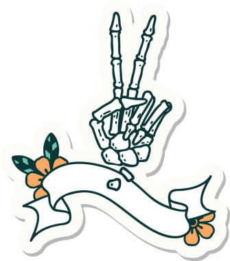 Bir insan tarafından çizilmiş barış işareti veren iskelet dövmesi stili çıkartma.