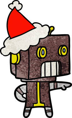 Bir insan tarafından çizilmiş Noel Baba şapkası giyen bir robotun el çizimi karikatürü.