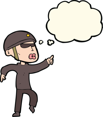 Bir insan tarafından çizilmiş düşünce baloncuğu olan bisiklet kasklı bir karikatür adam.