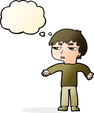 Bir insan tarafından çizilen düşünce baloncuğuyla sinirlenmiş bir çocuk.