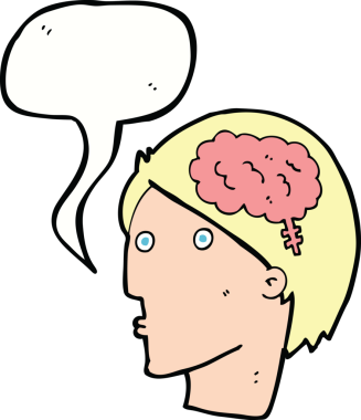 Bir insan tarafından çizilmiş konuşma balonlu beyin sembollü çizgi film adamı.