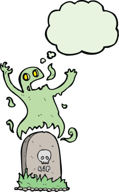 Bir insan tarafından çizilmiş düşünce baloncuğuyla mezardan yükselen karikatür hayaleti