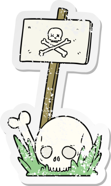 Bir karikatür kafatası kemiği ve bir insan tarafından çizilmiş uyarı işareti.