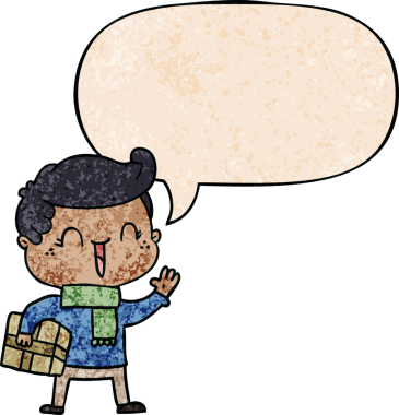 Bir insan tarafından çizilmiş eski tarz konuşma baloncuğu olan çizgi film çocuğu.