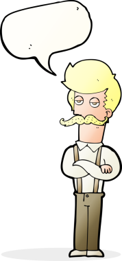 Bir insan tarafından çizilmiş düşünce baloncuklu bıyıklı çizgi film adamı.