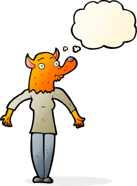 Bir insan tarafından çizilmiş düşünce balonlu tilki kadın.