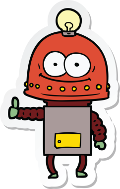 Bir insan tarafından çizilmiş mutlu bir karton robotun çıkartması.