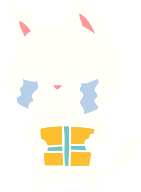 Ağlayan yassı renkli çizgi film kedisi elinde bir insan tarafından çizilmiş Noel hediyesini tutuyor.