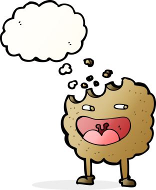 Bir insan tarafından çizilmiş düşünce kabarcığı olan kurabiye çizgi film karakteri