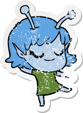 Bir insan tarafından çizilmiş gülümseyen uzaylı kız çizgi filminin sıkıntılı çıkartması.