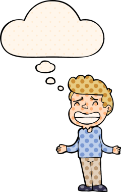 Çizgi roman tarzında bir insan tarafından çizilmiş düşünce balonuyla omuz silken çizgi film çocuğu.